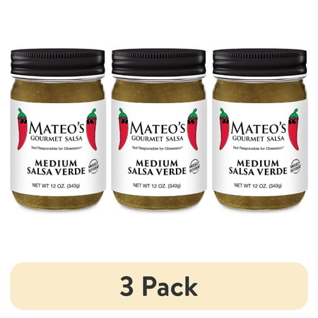 (3 pack) Mateo's Gourmet Salsa Verde, All Natural, Medium Heat, 12oz Glass Jar