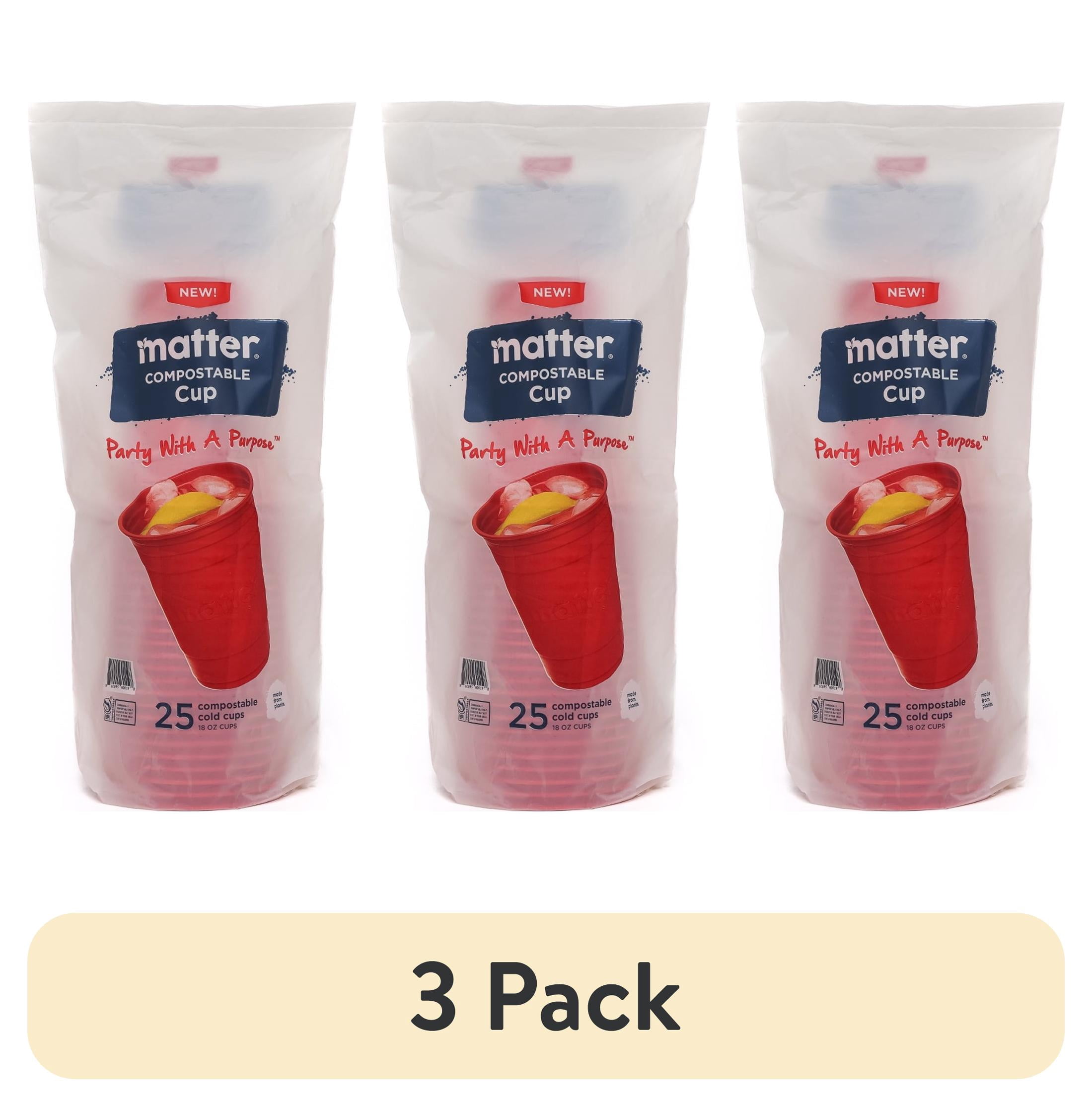 (3 pack) Matter Compostable Red Disposable Cups, 18 oz, 25 Count