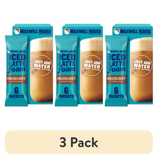 (3 pack) Maxwell House Iced Hazelnut Latte with Foam All in One Drink Mix, 5.82 oz, 6 Packets