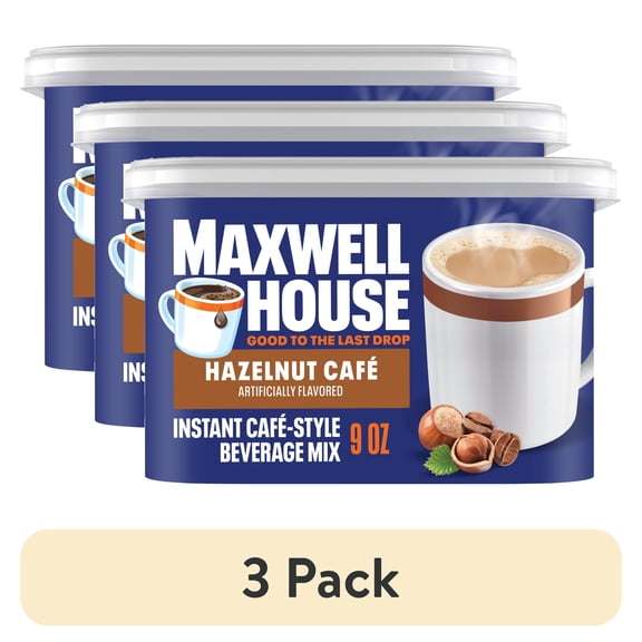 (3 pack) Maxwell House Instant Cafe-Style Beverage Mix, Easy to Prepare, 1 Canister, for Quick Morning Coffee or Afternoon Treat, Hazelnut Cafe, Kosher Dairy, 9 oz