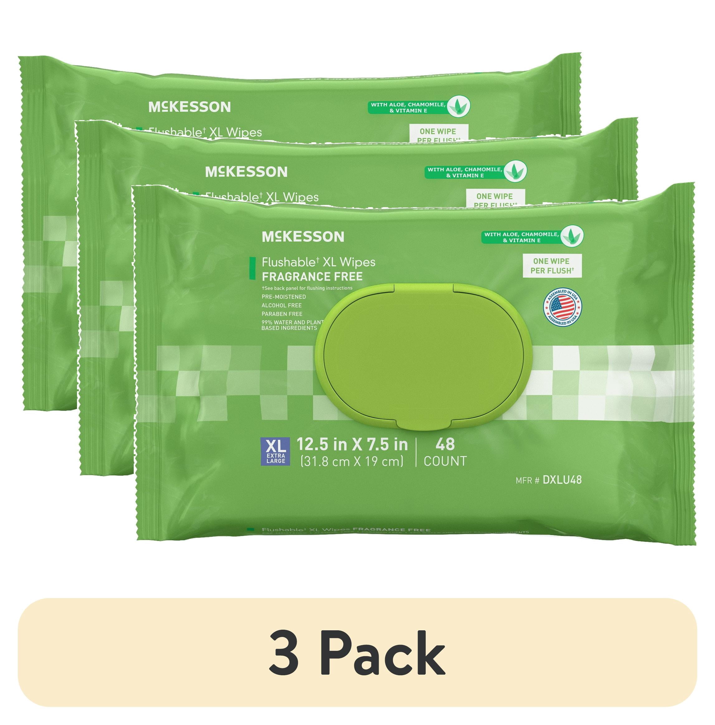 (3 pack) McKesson Flushable* Wet Wipes XL - Aloe & Vitamin E Formula, Gentle on Skin, Plant-Based Adult Cleansing Wipes - Unscented, 48 Wipes, 1 Pack