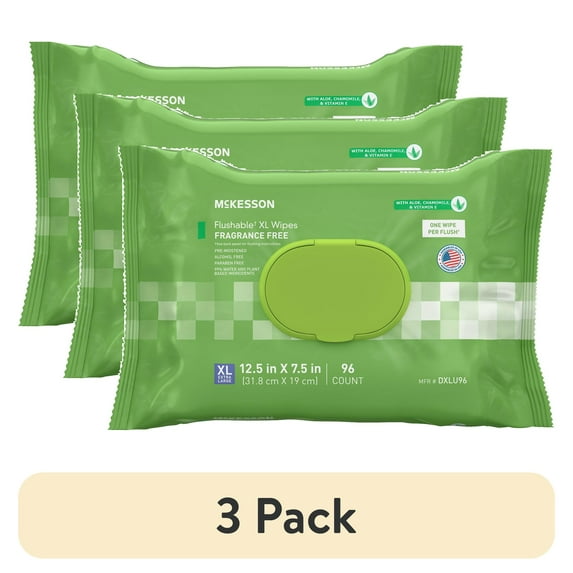 (3 pack) McKesson Flushable* Wet Wipes XL - Aloe & Vitamin E Formula, Gentle on Skin, Plant-Based Adult Cleansing Wipes - Unscented, 96 Wipes, 1 Pack