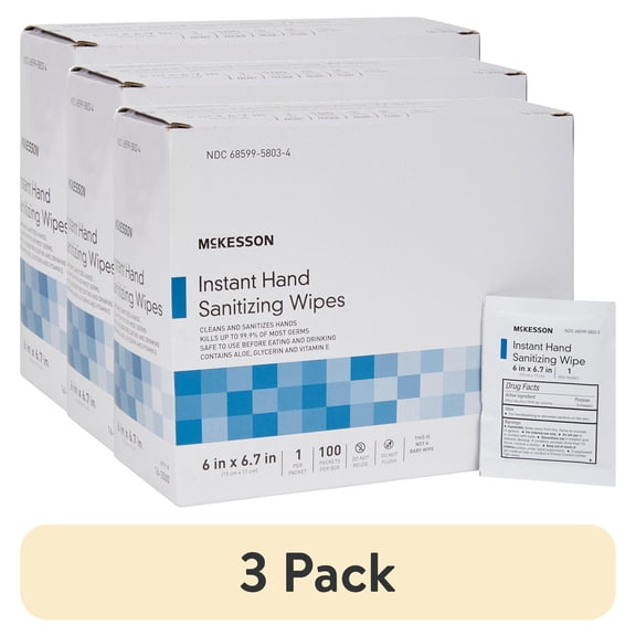 (3 pack) McKesson Instant Hand Sanitizing Wipes, 70% Strength - Individual Packets, 100 Wipes, 1 Pack