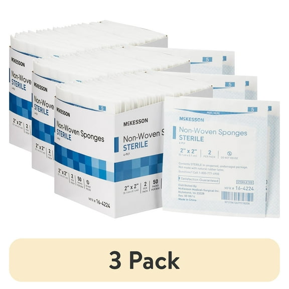 (3 pack) McKesson Non-Woven Gauze Sponges, Sterile Absorbent Wound Pad - 2 in x 2 in, 2 per Pack, 50 Packs, 100 Total