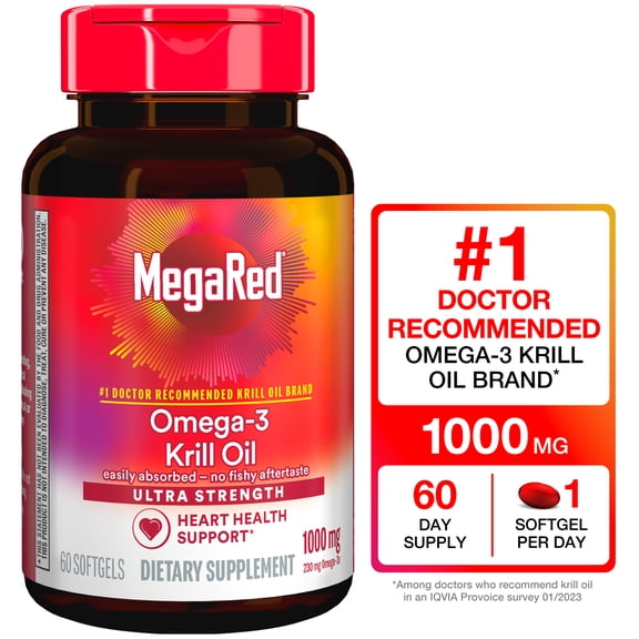 (3 pack) MegaRed 1000mg Ultra Strength Omega-3 Krill Oil, 60 Softgels