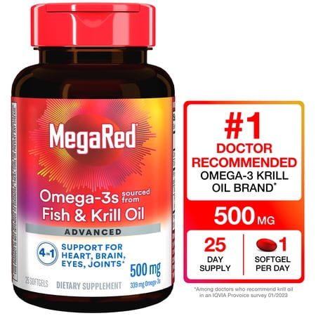 (3 pack) MegaRed Advanced 4in1 500mg Omega-3 Fish Krill Oil Supplements, Heart Brain Eyes Joints Health Omega 3, 25 Softgels