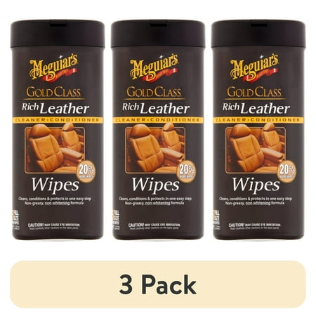 (3 pack) Meguiar's Gold Class Rich Leather Wipes – Leather Cleaner & Conditioner – G10900, 25 Wipes