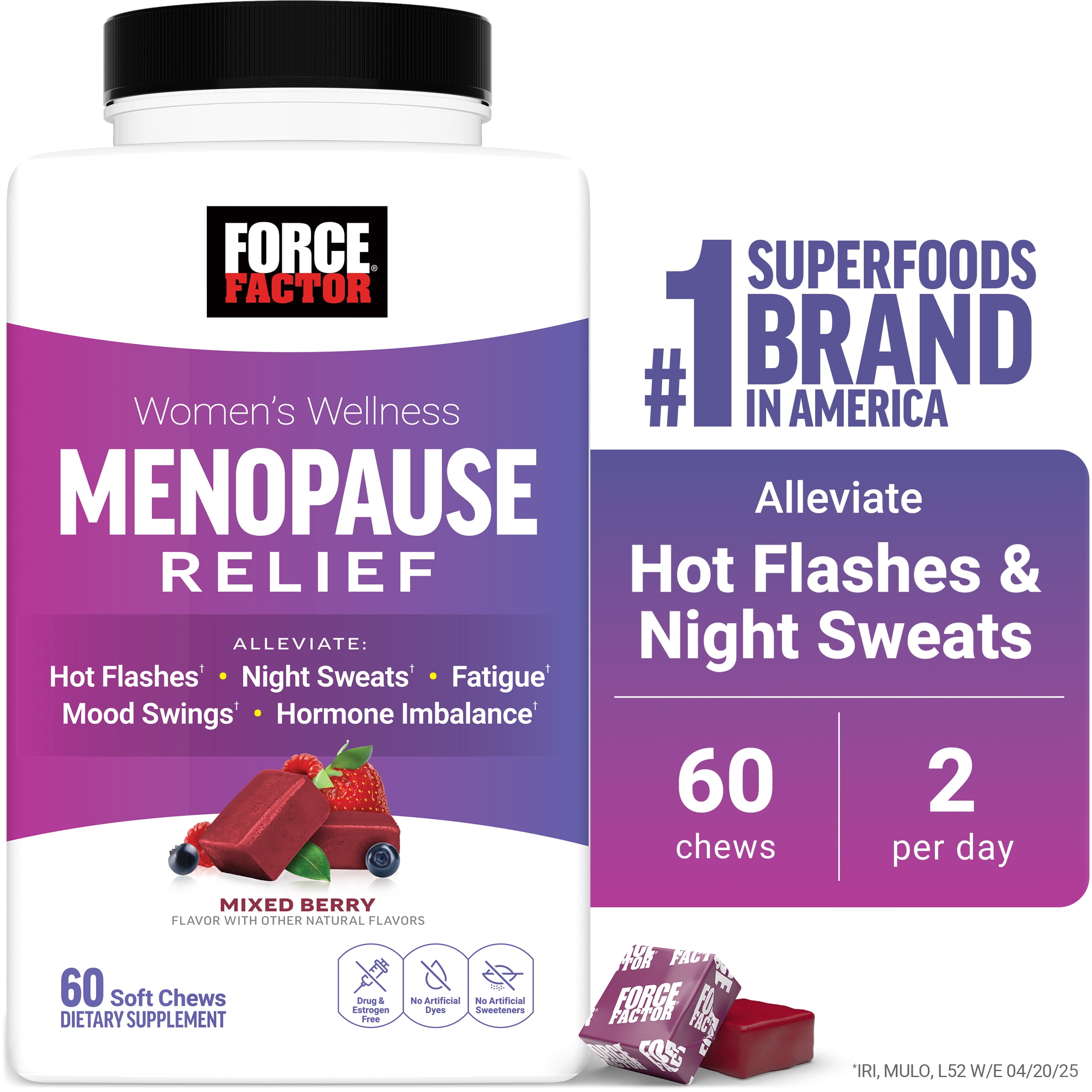 (3 pack) Menopause Relief, Menopause Supplements for Women with Black Cohosh for Hot Flashes, Hormone Balance & Menopause Support, Night Sweats & Mood Swings Relief, Mixed Berry, 60 Soft Chews by Force Factor
