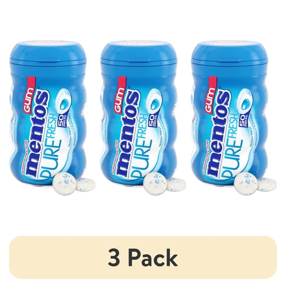 (3 pack) Mentos Gum Sugar-Free Fresh Mint Chewing Gum, 50 Regular Size Pieces, Bottle