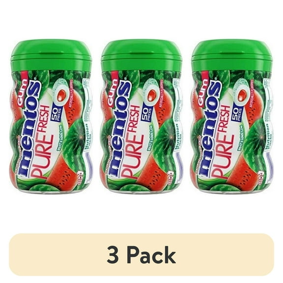 (3 pack) Mentos Pure Fresh Sugar-Free Chewing Gum With Xylitol, Watermelon, 50 Piece Bottle