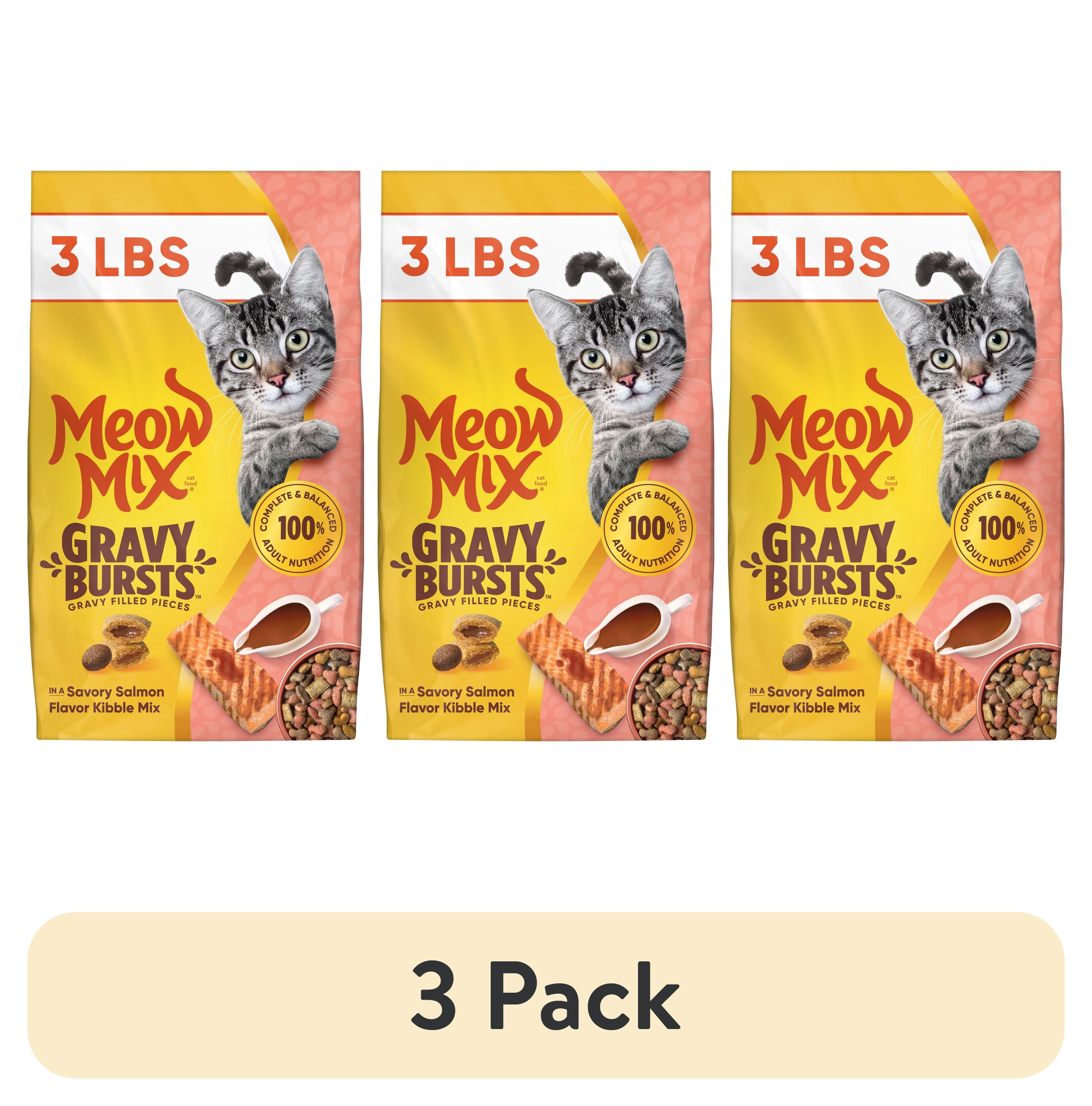 (3 pack) Meow Mix Gravy Bursts, Savory Salmon Flavor Kibble Mix, Gravy Filled Dry Cat Food, 3 lb. Bag