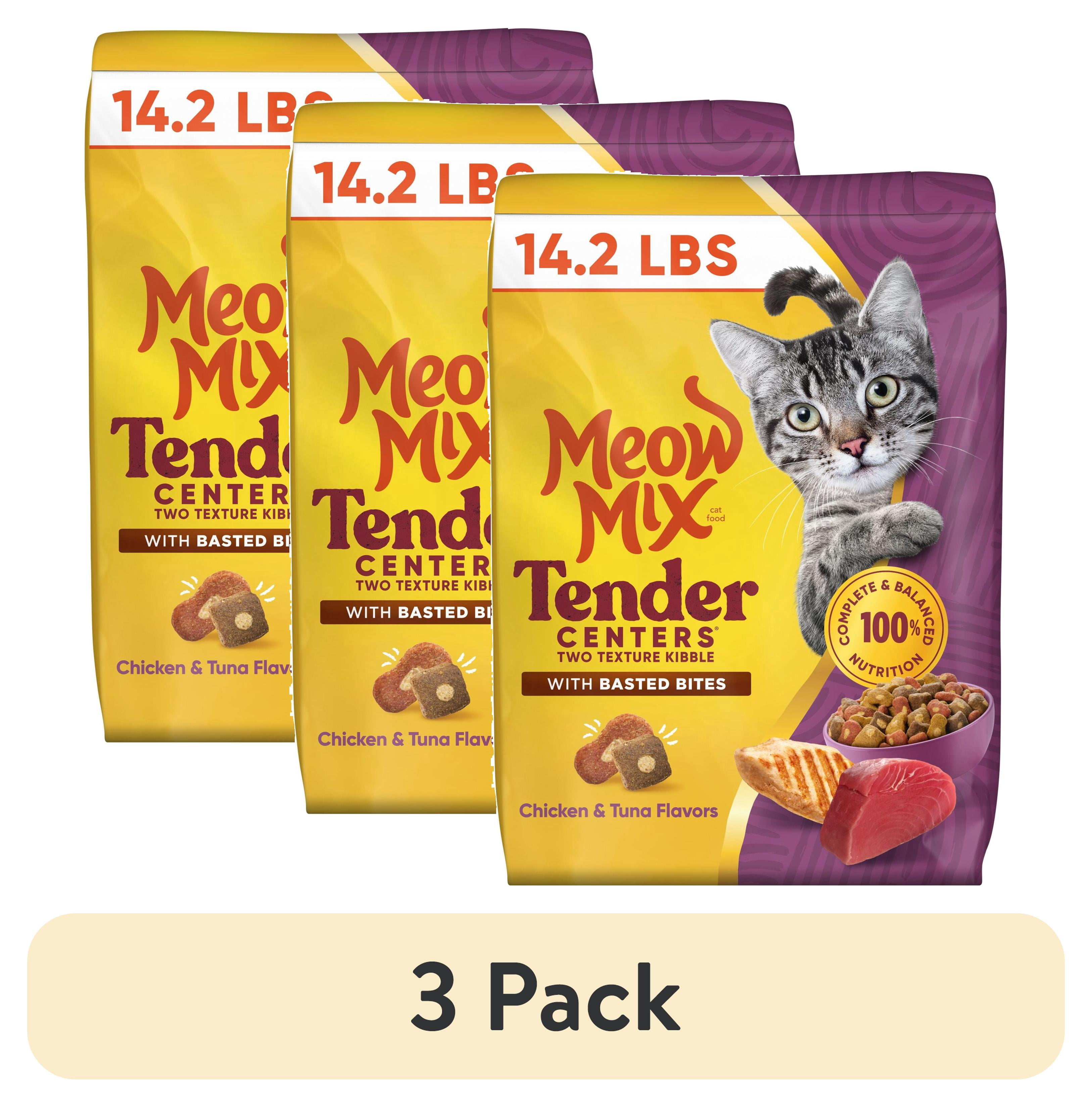 (3 pack) Meow Mix Tender Centers Dry Cat Food with Basted Bites, Chicken & Tuna Flavors, 14.2 lb Bag