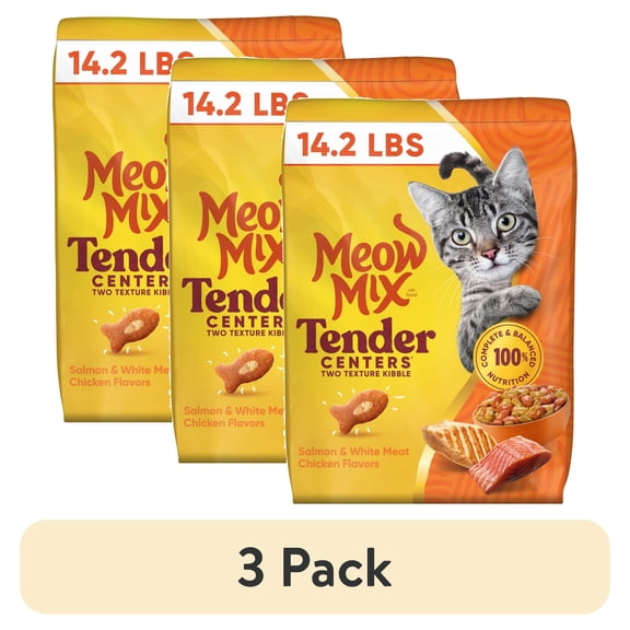 (3 pack) Meow Mix Tender Centers Salmon & White Meat Chicken Flavors, Dry Cat Food, 14.2 lb. Bag