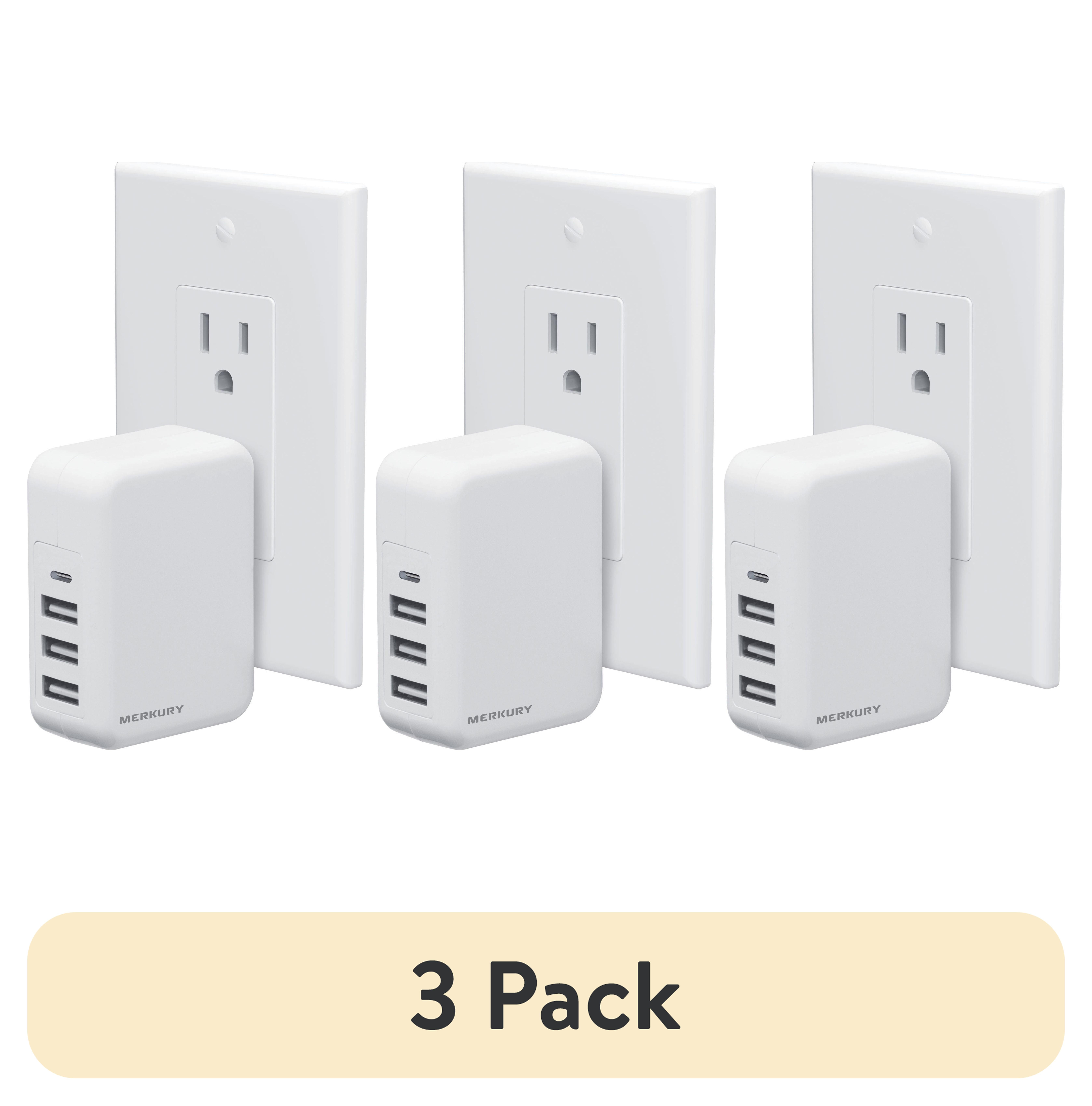 (3 pack) Merkury Innovations 5.4A Wall Charger - 3 USB-A + 1 USB-C, Foldable Plug, White