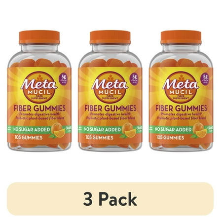 (3 pack) Metamucil Fiber Supplement, No Sugar Added Fiber Gummies for Adults, Orange, 105 Count