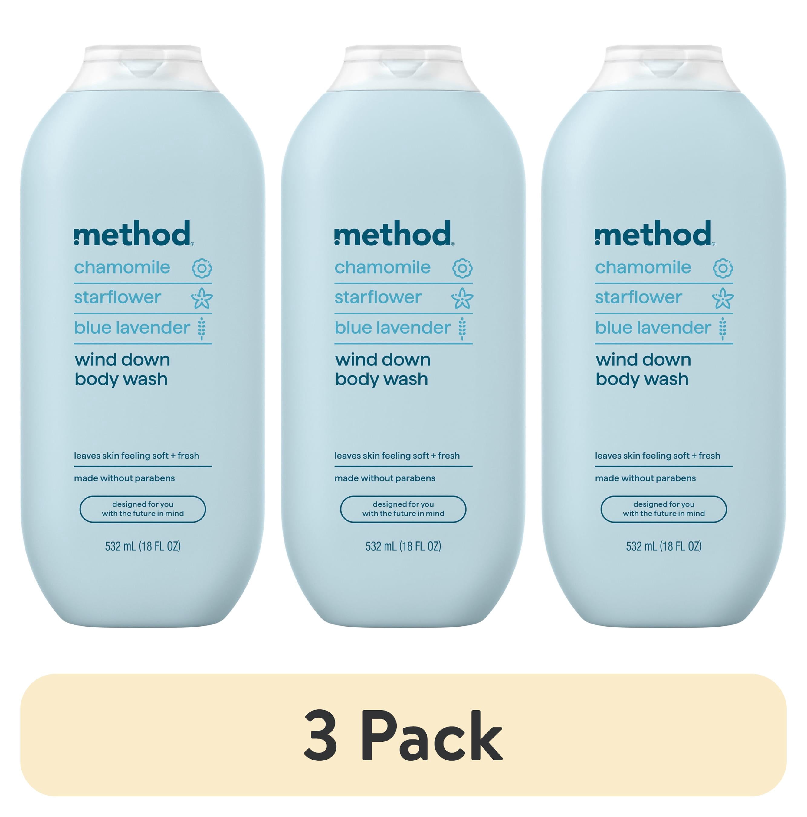 (3 pack) method Body Wash, Wind Down - Leaves Skin Feeling Soft & Moisturized, Made Without Parabens, Notes of Chamomile, Starflower & Blue Lavender, 18 fl oz