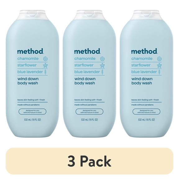 (3 pack) method Body Wash, Wind Down - Leaves Skin Feeling Soft & Moisturized, Made Without Parabens, Notes of Chamomile, Starflower & Blue Lavender, 18 fl oz