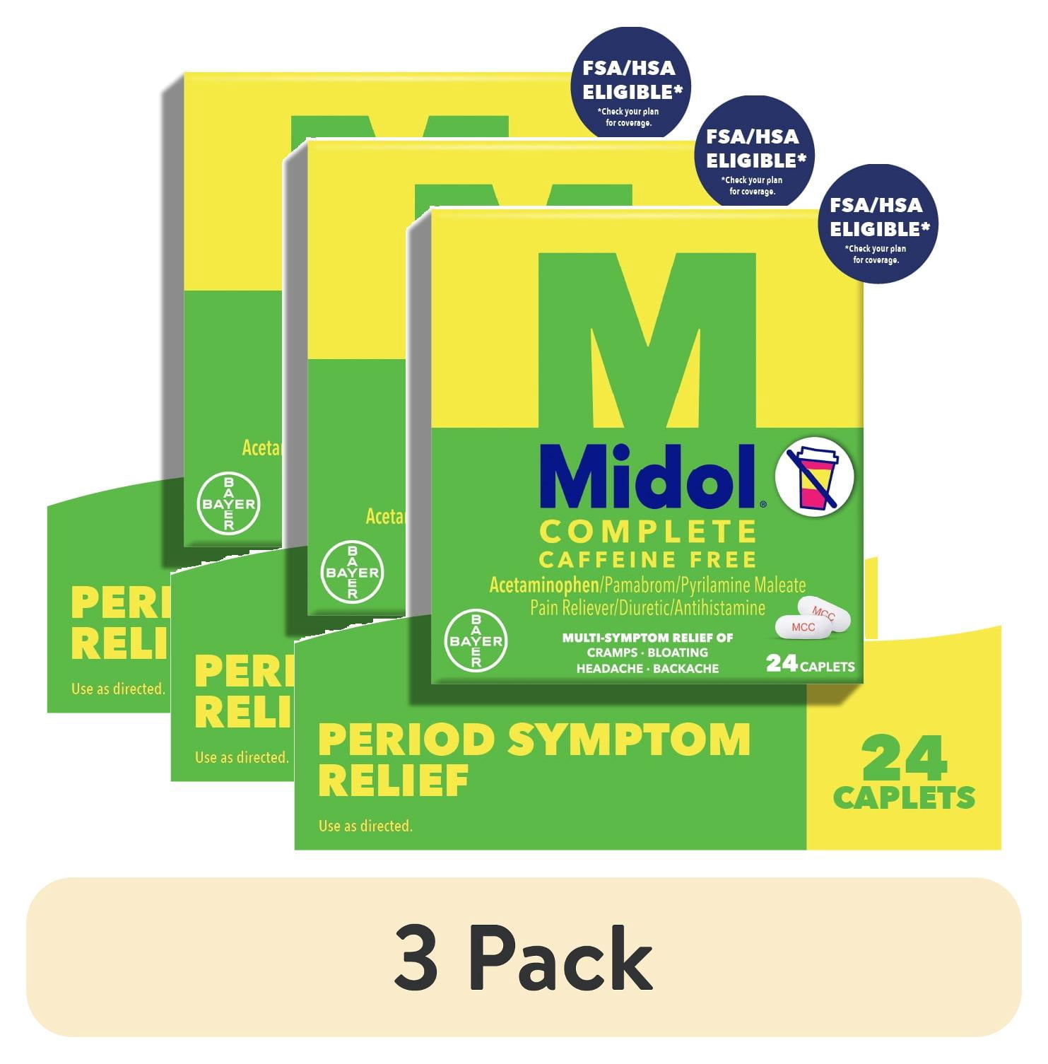 (3 pack) Midol Complete Caffeine Free Menstrual Pain Relief Caplets, 24 Count