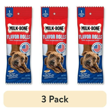 (3 pack) Milk Bone Flavor Rolls Chicken Doodle Dandy Rawhide Free Dog Treat With Chicken, 2.2 oz