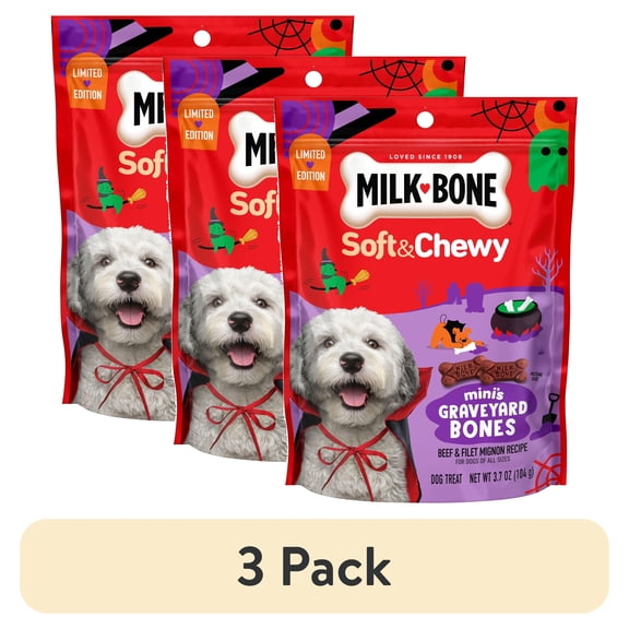 (3 pack) Milk Bone Soft & Chewy Mini’s Graveyard Bones, Halloween Dog Treats, Beef & Filet Mignon Recipe, 3.7 oz Bag