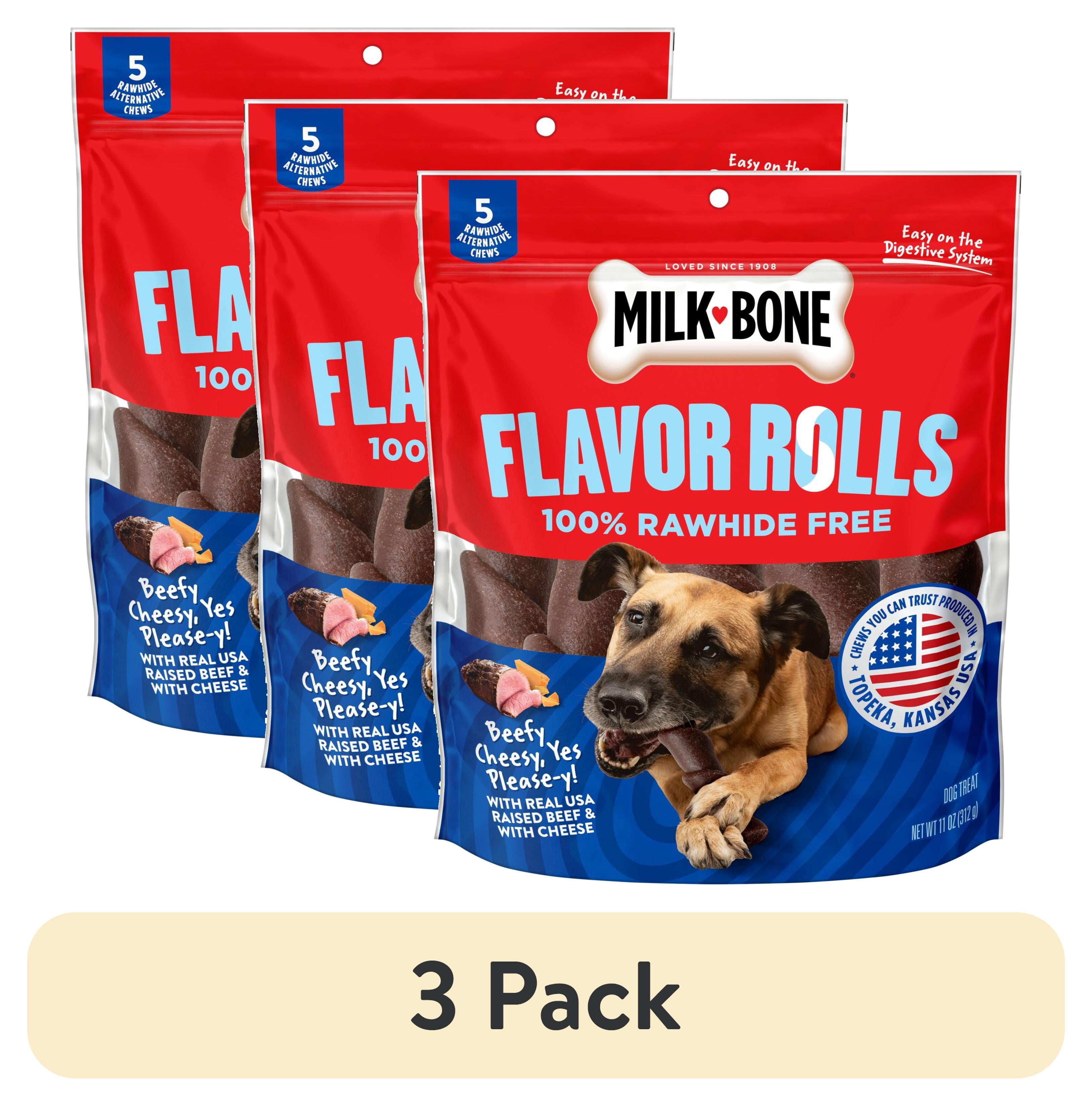 (3 pack) Milk Bone Flavor Rolls Beefy Cheesy, Yes Please y! Rawhide Free Dog Treat With Beef, 5 Count Bag