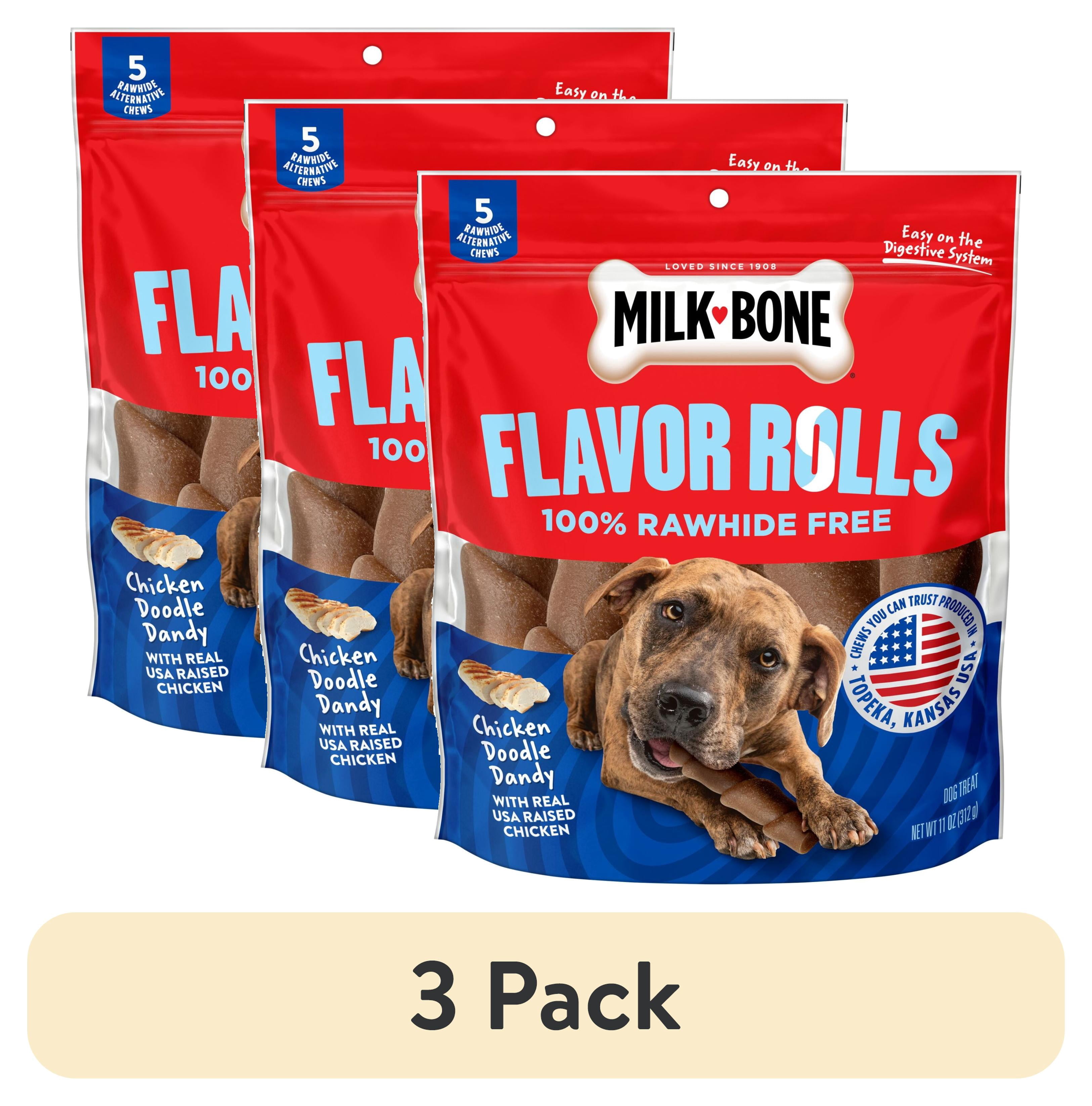 (3 pack) Milk Bone Flavor Rolls Chicken Doodle Dandy Rawhide Free Dog Treats With Chicken, 5 Count Bag