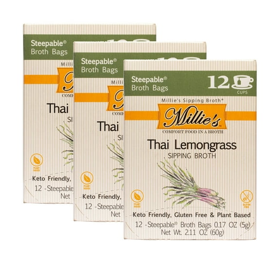 (3 pack) Millie's Sipping Steepable Broth Bags, Thai Lemongrass, 12pk