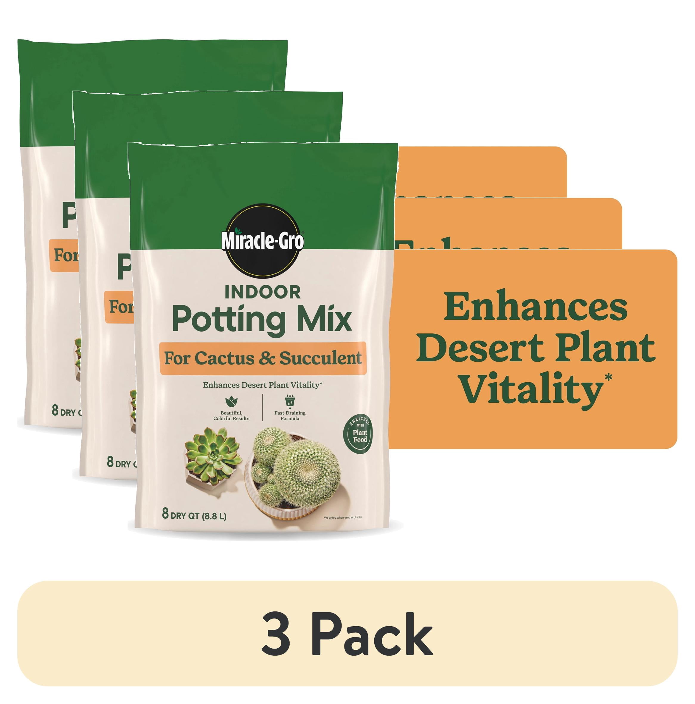 (3 pack) Miracle-Gro Indoor Potting Mix for Cactus and Succulent, Fast-Draining Formula, 8 qt.