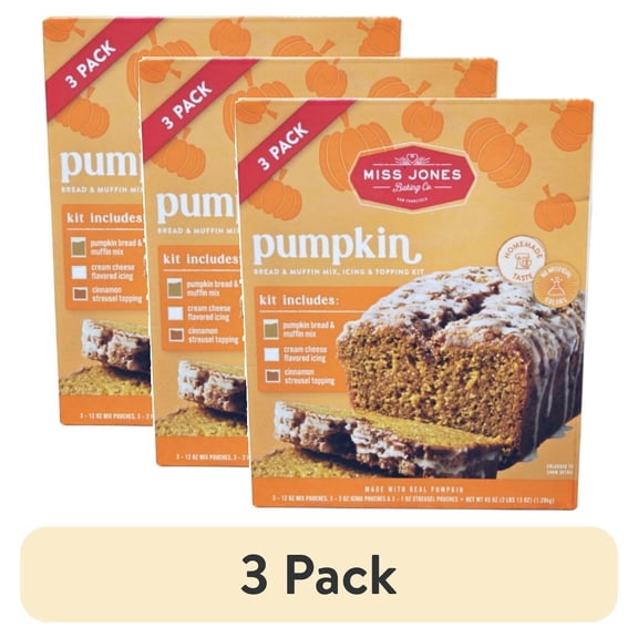 (3 pack) Miss Jones Baking Pumpkin Bread & Muffin Mix, Icing & Topping Kit, 45 oz