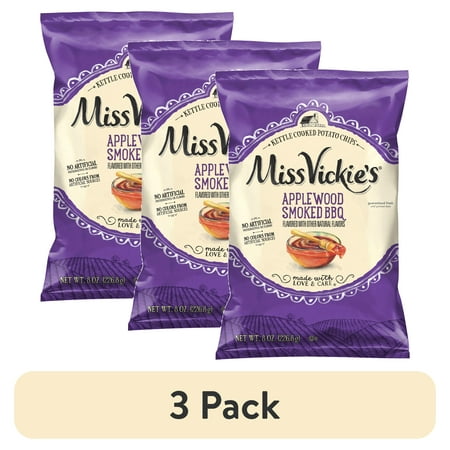 (3 pack) Miss Vickies Applewood Smoked BBQ Kettle Cooked Potato Chips Bag, 8 oz