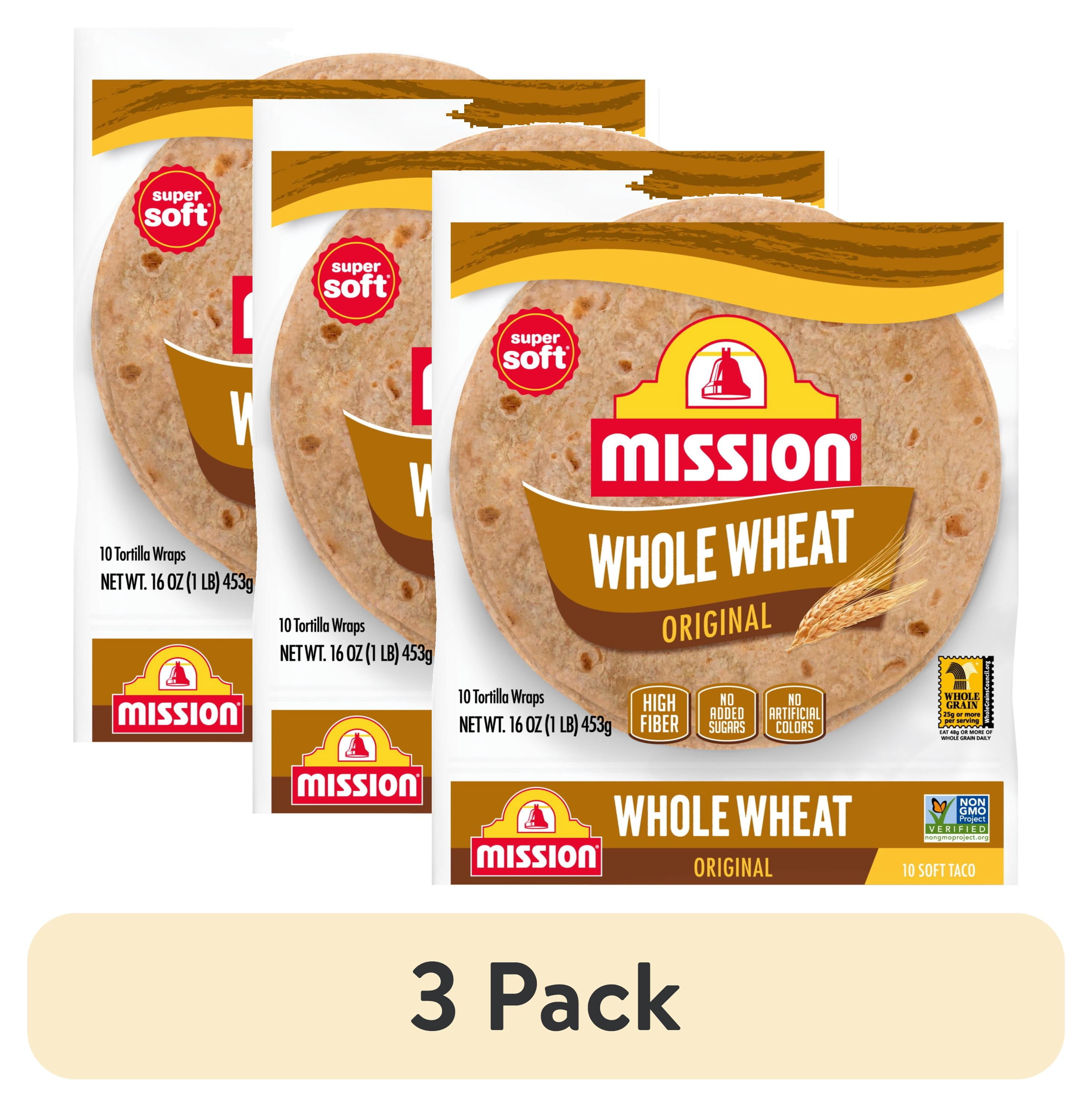 (3 pack) Mission Super Soft Whole Wheat Flour Tortillas, Soft Taco Size, 10 Count