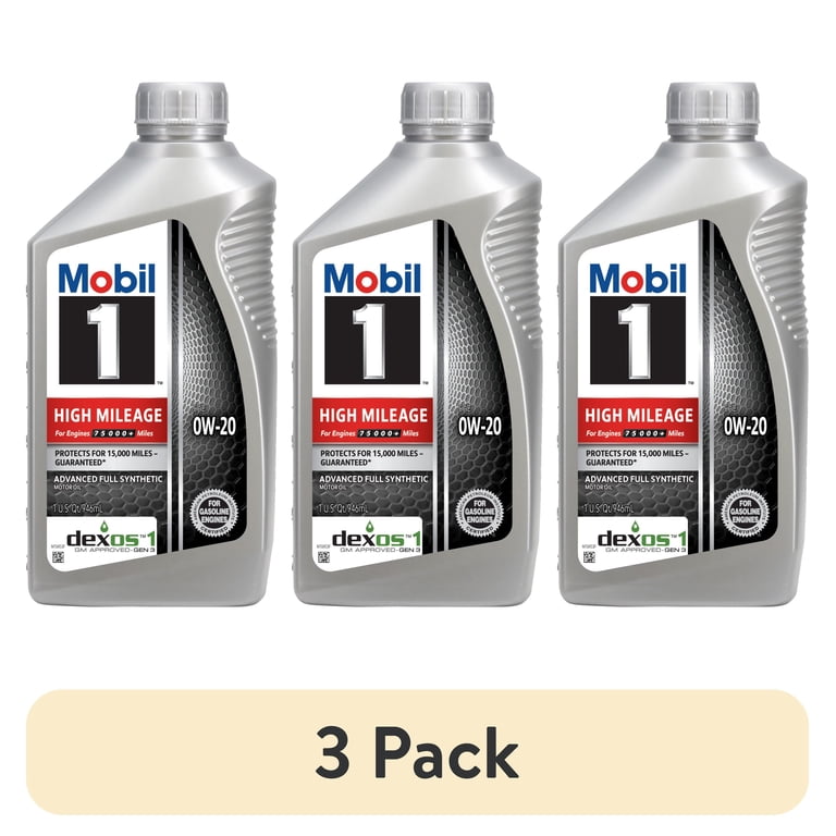 3 pack) Mobil 1 High Mileage Full Synthetic Motor Oil 0W-20, 1
