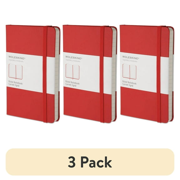 (3 pack) Moleskine Hard Cover Notebook, Ruled, 5 1/2 x 3 1/2, Red Cover, 192 Sheets