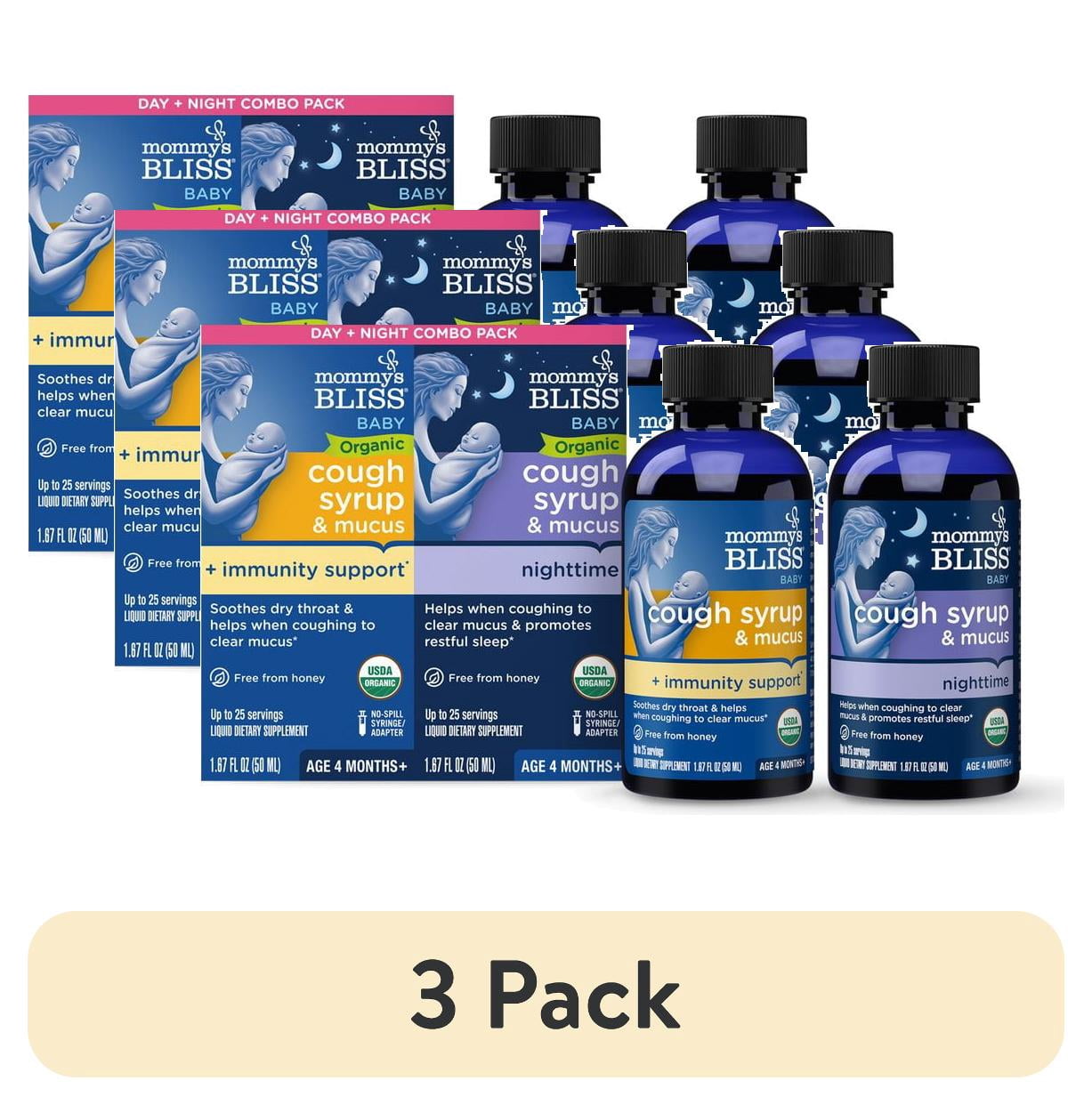 (3 pack) Mommy's Bliss Organic Day + Night Organic Cough Syrup,Age 4 Months+, over-The Counter,(2) 1.67 fl. oz. Bottles