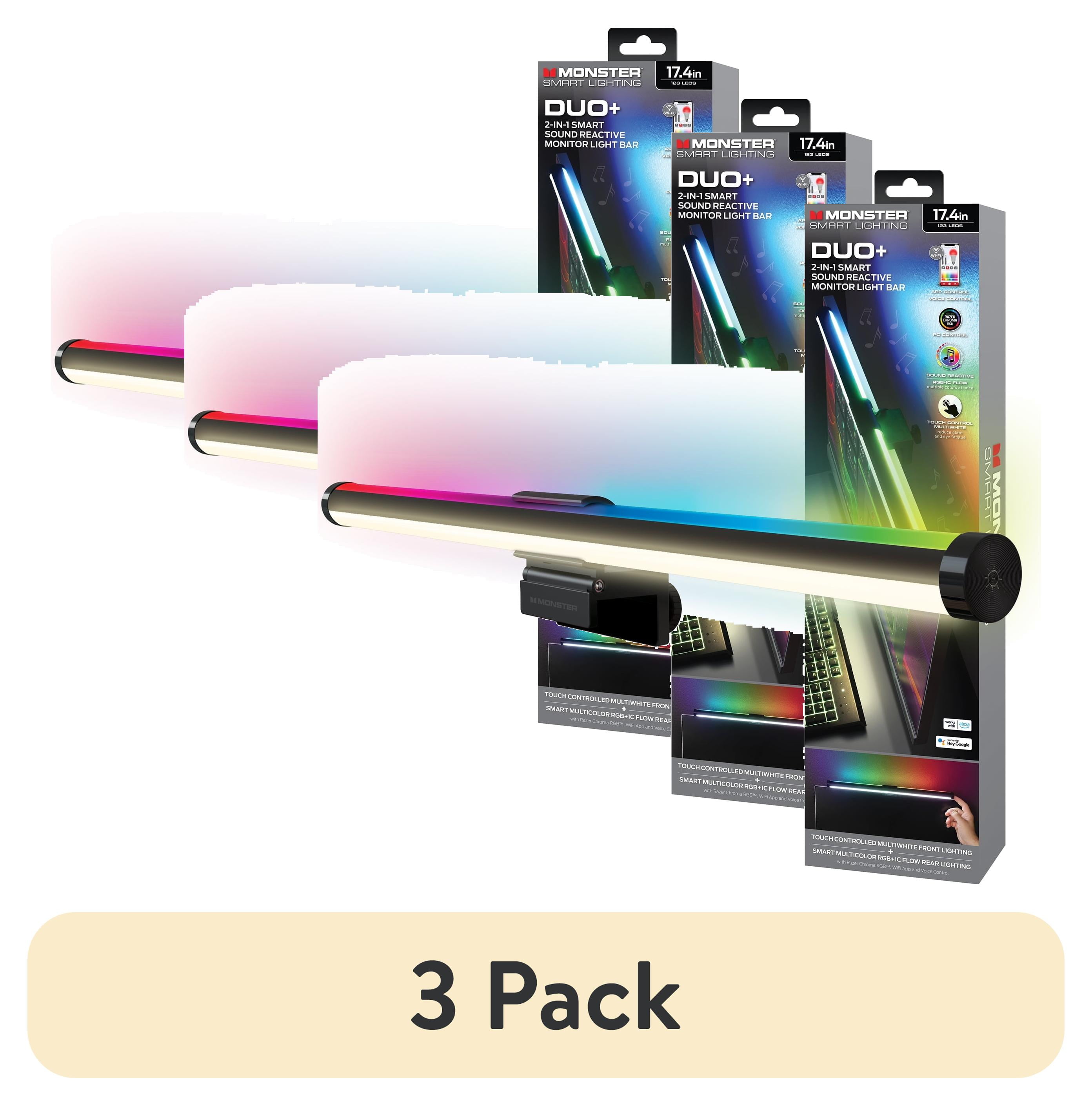 (3 pack) Monster LED Duo Monitor Light Bars with Smart Color Control & Razer Chroma Integration, for Christmas, Halloween, Party, Gameday and More