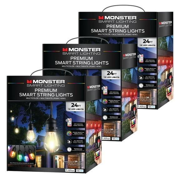 (3 pack) Monster Smart String Lights, Sound Reactive Outdoor String Lights w/ Voice Control, for Christmas, Halloween, Party, Gameday and More, 24ft (12 Lights)