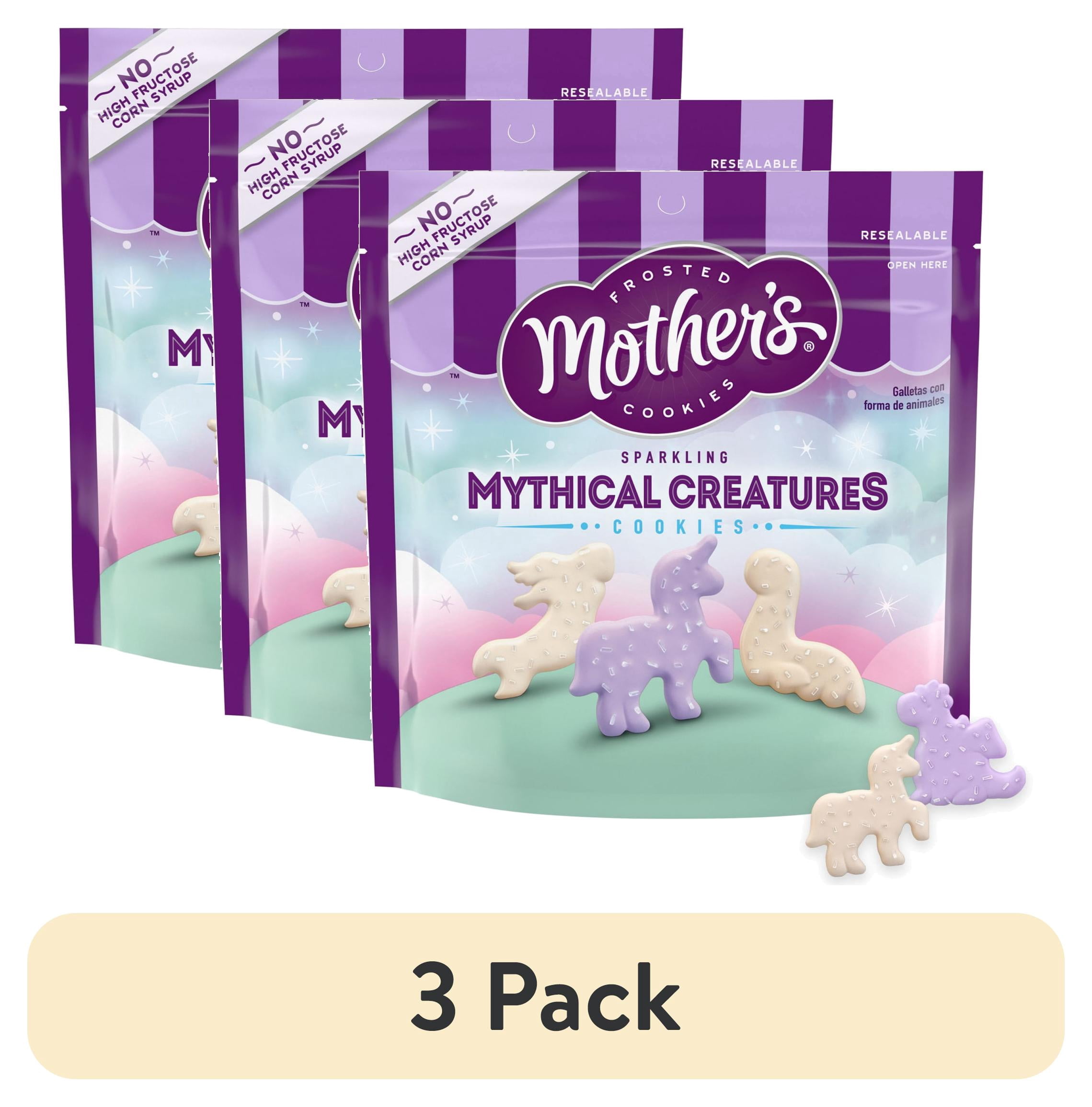 (3 pack) Mother's Sparkling Mythical Creatures Cookies, Frosted Animal Cookies with Silver Sugar Sprinkles, 1 Resealable Bag  9 oz
