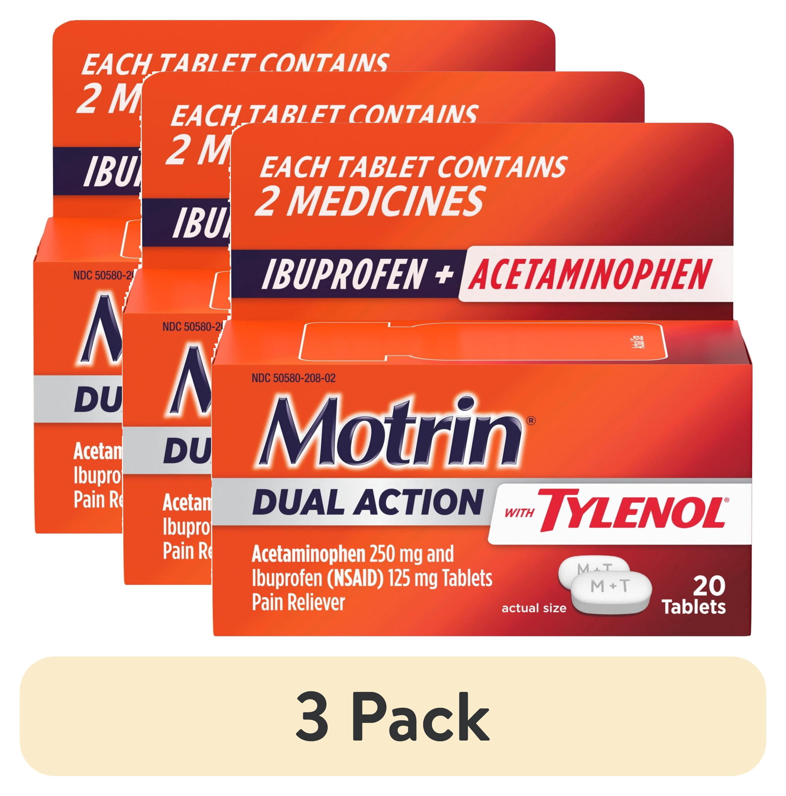 (3 pack) Motrin Dual Action with Tylenol, Ibuprofen & Acetaminophen, 20 Count