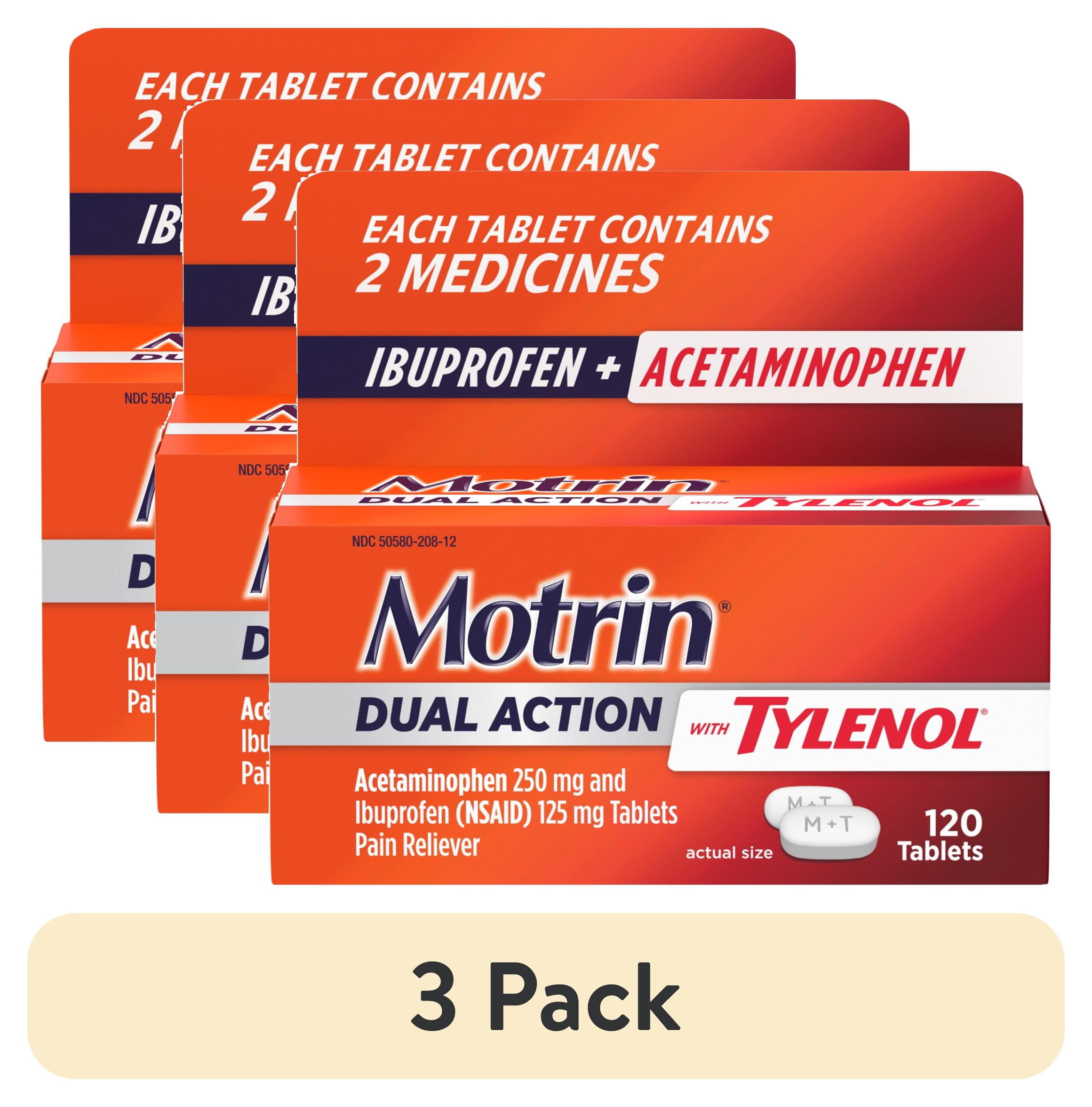 (3 pack) Motrin Dual Action with Tylenol, Ibuprofen & Acetaminophen, Value Size, 120 Count