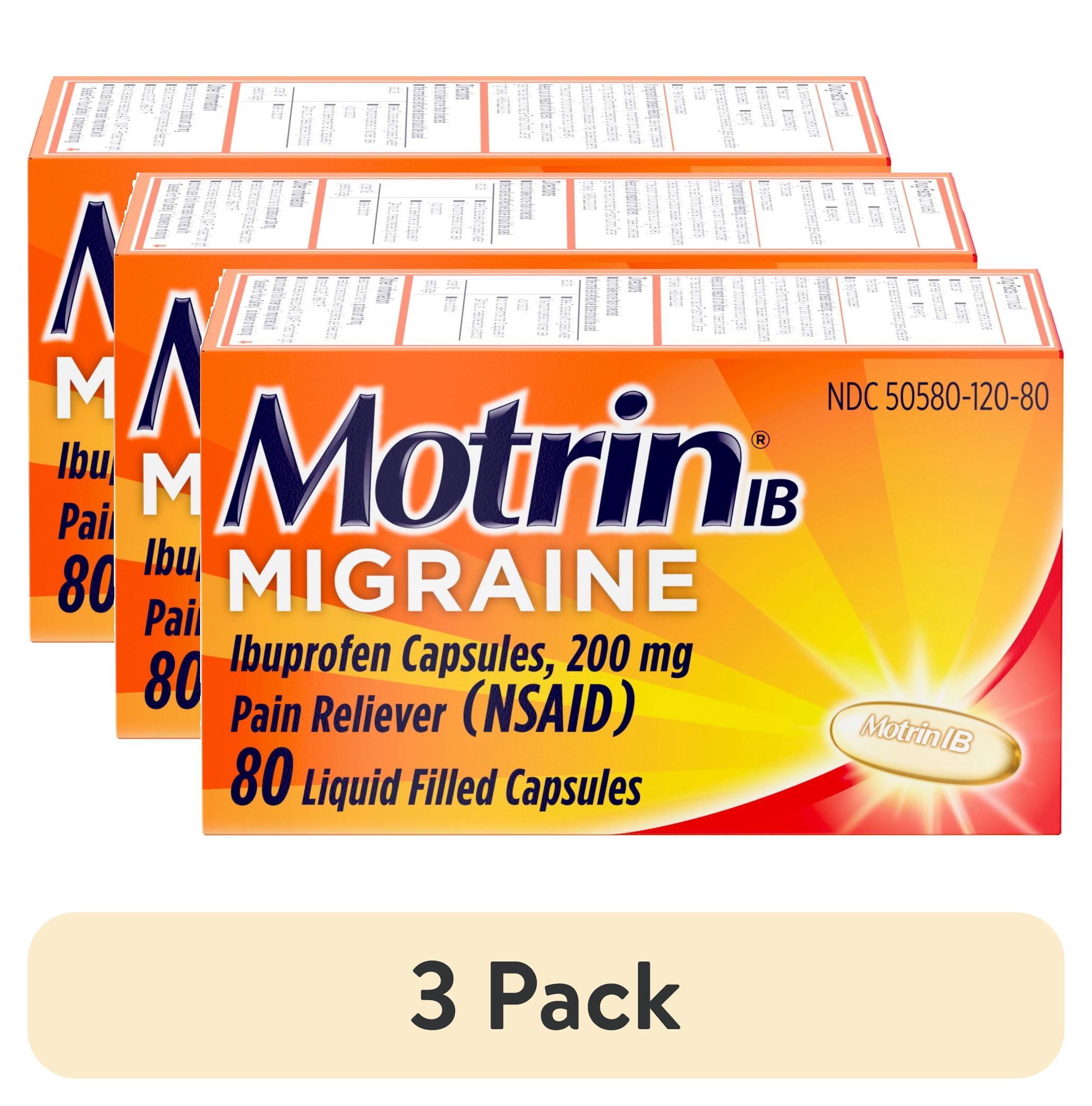 (3 pack) Motrin IB Migraine Relief Liquid Gel Capsules, 200 mg Ibuprofen, 80 Count