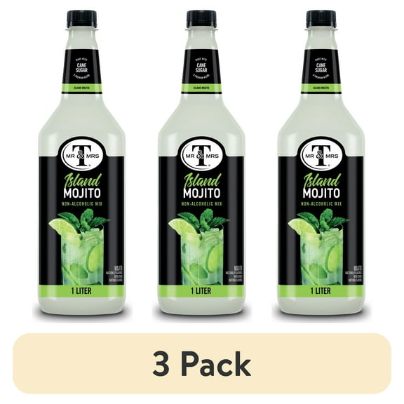 (3 pack) Mr & Mrs T Cane Sugar Mojito Cocktail Mix, 1 Lt, Shelf Stable, Plastic Bottle