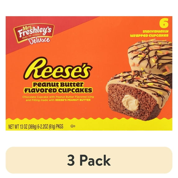 (3 pack) Mrs. Freshley's Deluxe Reese's Peanut Butter Cupcakes, 6 Count, 6 Individually Wrapped Snack Cakes, Shelf-Stable