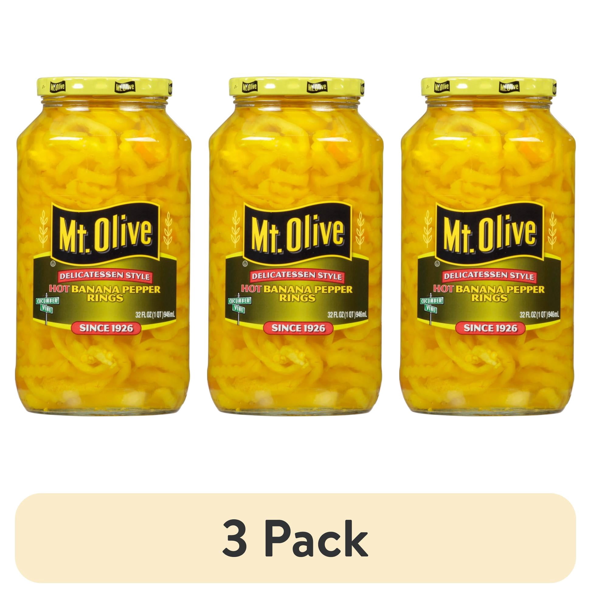 (3 pack) Mt Olive Delicatessen Style Hot Banana Pepper Rings, 32 fl oz jar