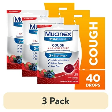 (3 pack) Mucinex Instasoothe Sugar Free Cough Drops, Cough Medicine for Adults, Mixed Berry, 40ct