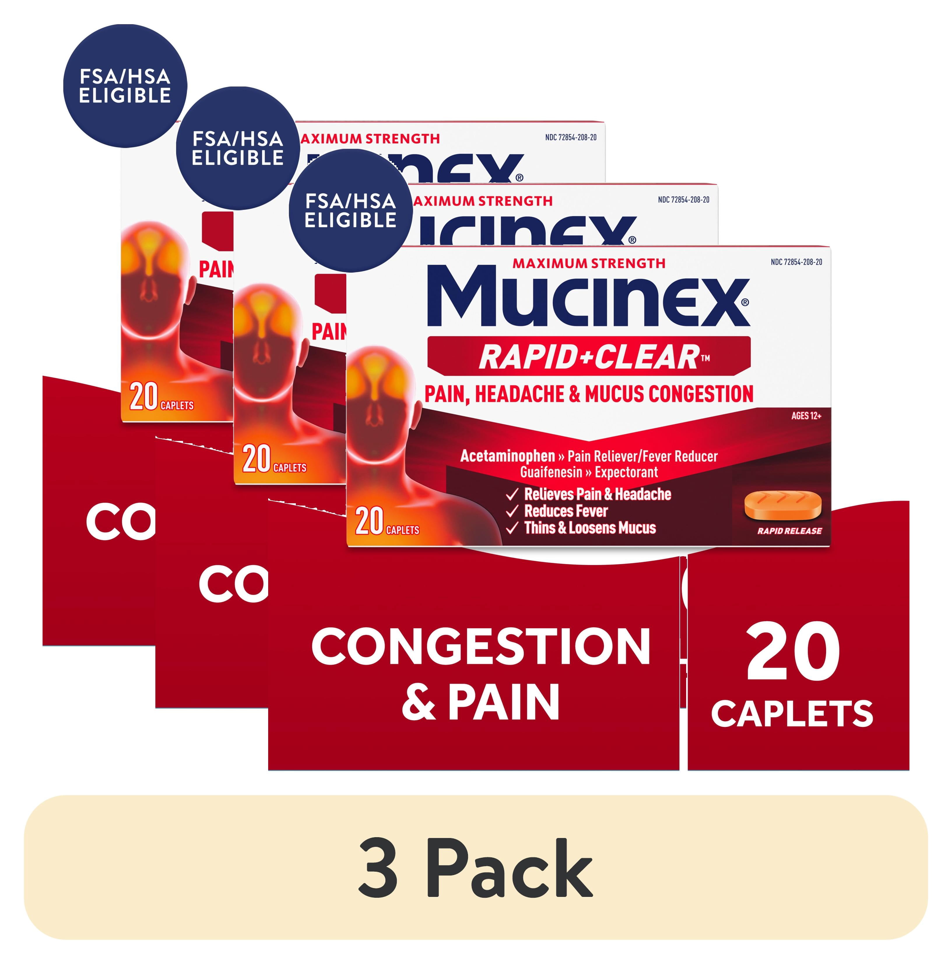 (3 pack) Mucinex Rapid+Clear Maximum Strength Cold Medicine & Expectorant, Fever, Pain, Headache, & Excess Mucus Relief with Acetaminophen & Guaifenesin, Rapid Release Caplets for Adults, 20 Count