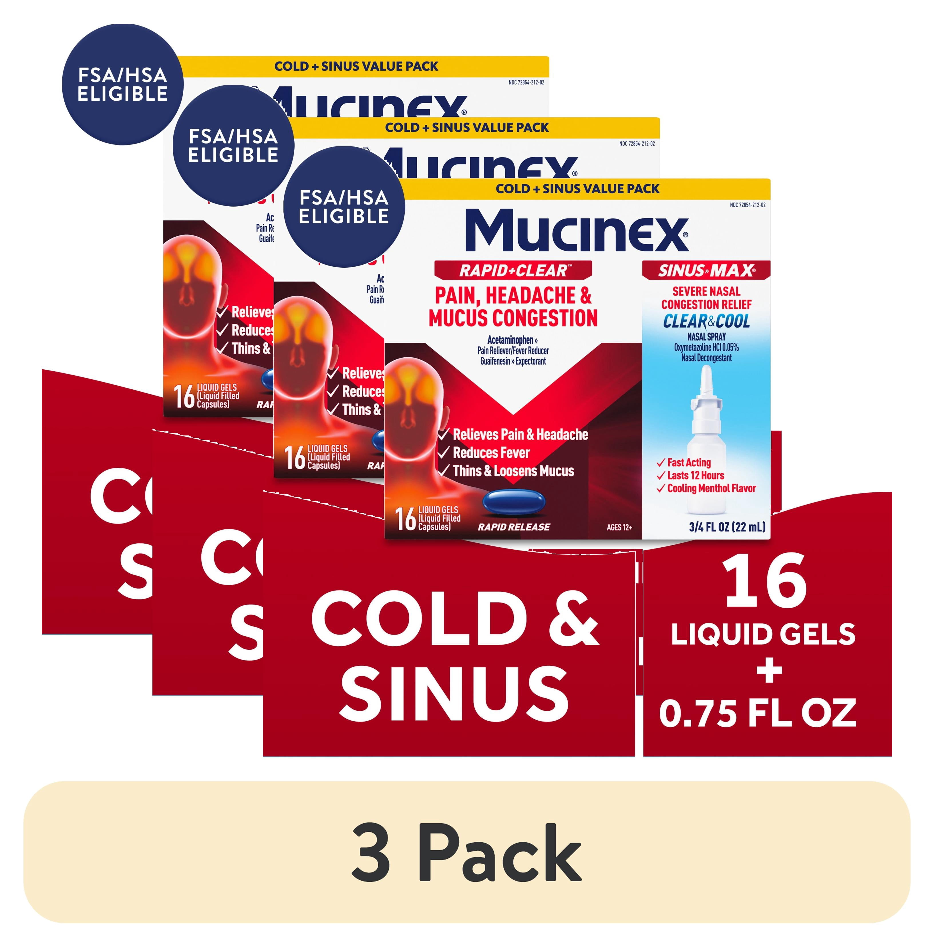(3 pack) Mucinex Rapid Clear Sinus Relief, Liquid Gels 16 ct and Nasal Spray 0.75 fl oz Combo Pack