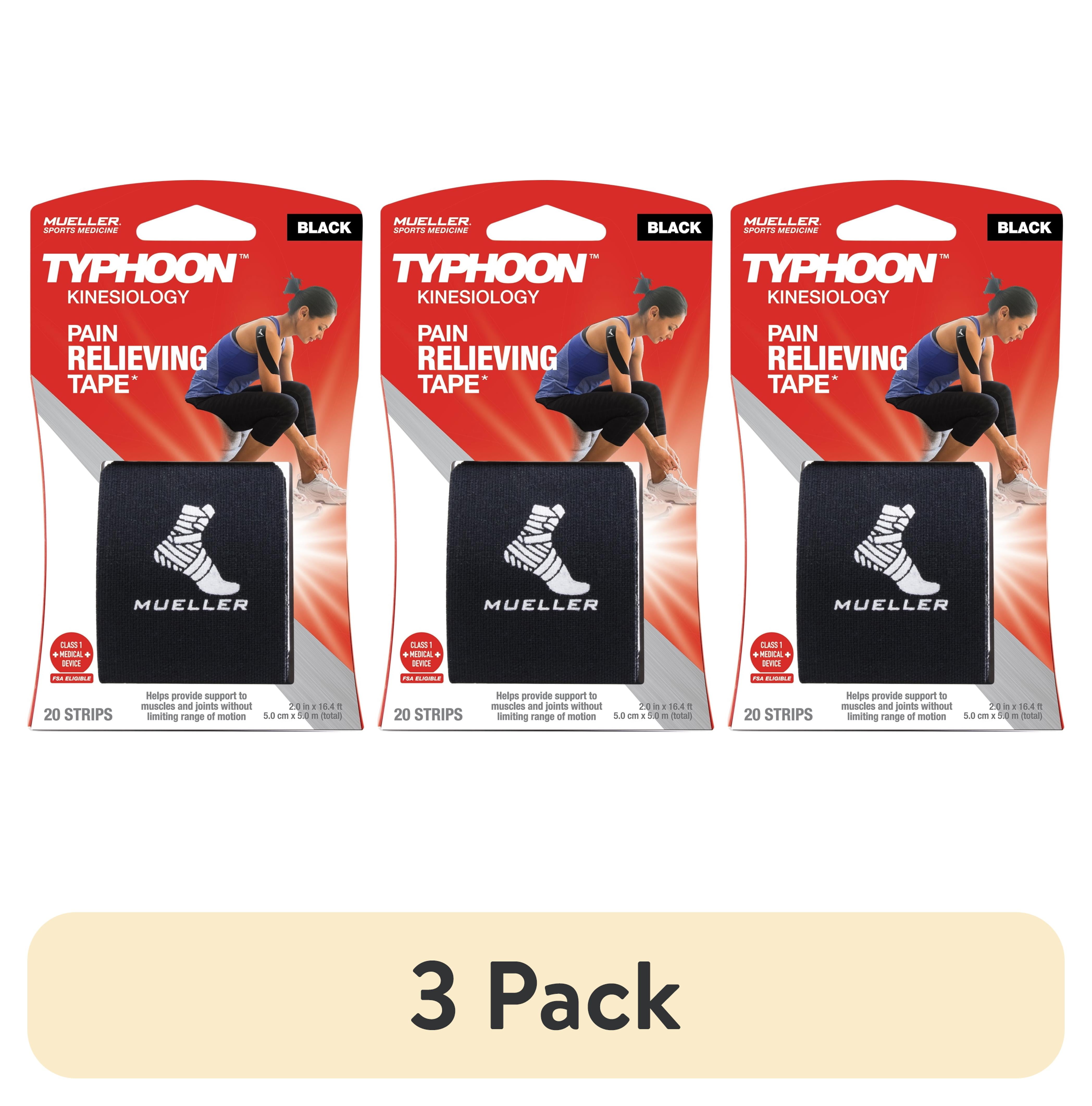 (3 pack) Mueller Typhoon Black Kinesiology Therapeutic Tape, 20 Precut I-Strips