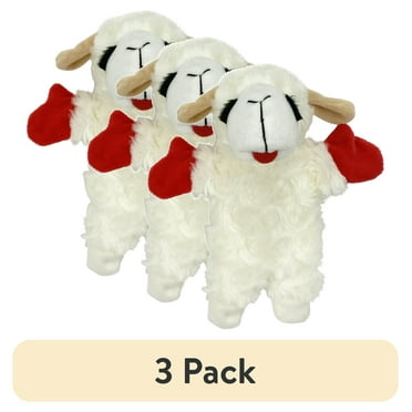 (3 pack) Multipet Lamb Chop Plush Crinkle Flop Dog Toy, White with Red Paws