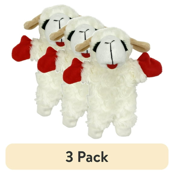 (3 pack) Multipet Lamb Chop Plush Crinkle Flop Dog Toy, White with Red Paws