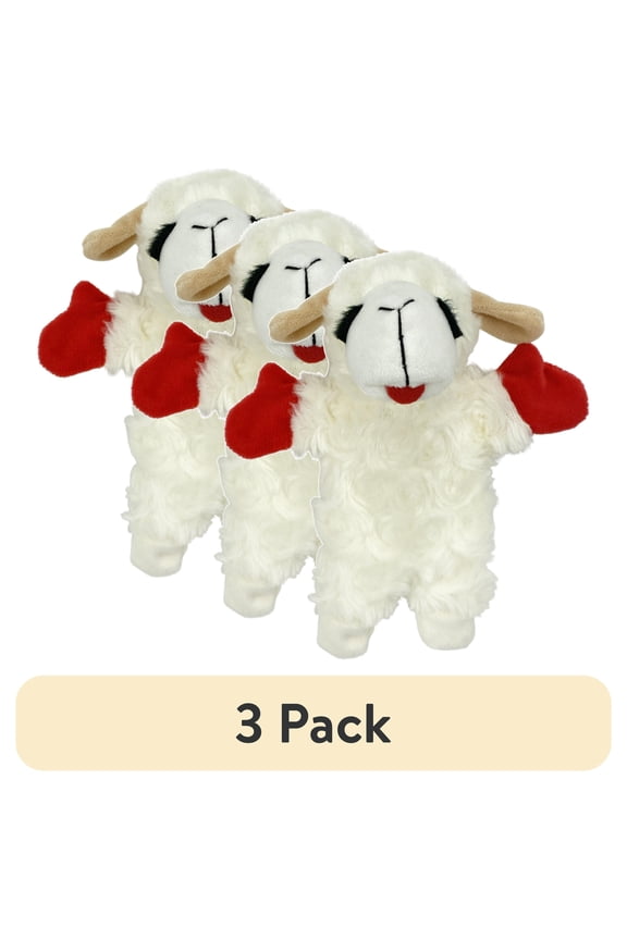 (3 pack) Multipet Lamb Chop Plush Crinkle Flop Dog Toy, White with Red Paws